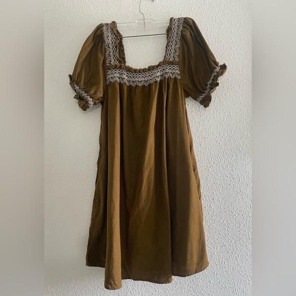 Madewell Womens Smocked Neck Linen Olive Green Puff-Sleeve Mini Dress Sz S - Picture 3 of 13